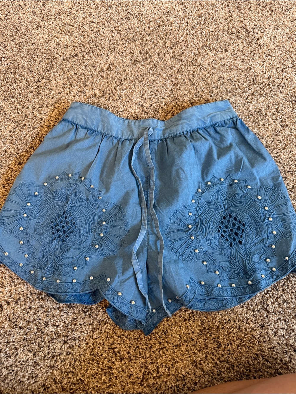 River Island Blue Embroidered Scalloped Hem Shorts